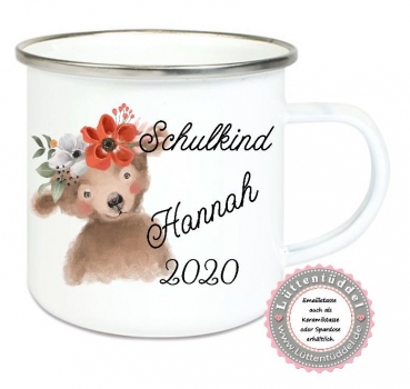 ♥ Becher Tasse Emaillebecher zauberhafte Tasse Emailletasse,Einschulung Schulkind Bär Boho KITA Wunschname, Dankeschön, Geburtstag, Jubiläum, Geschenk, Kommunion, Firmung Konfirmation, Becher von Lüttentüddel